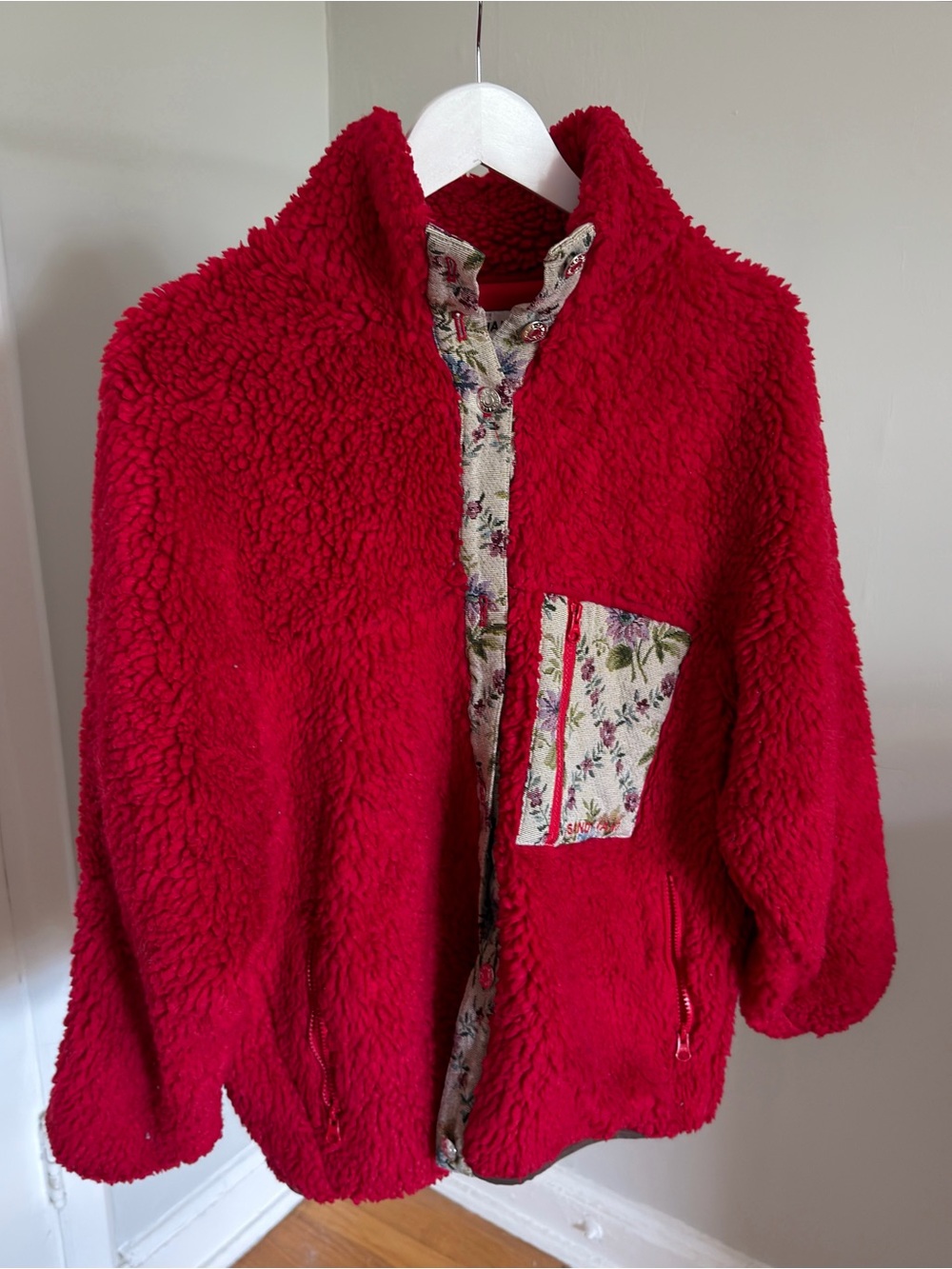 Sandy Liang Sherpa Zip Jacket with Floral Trim